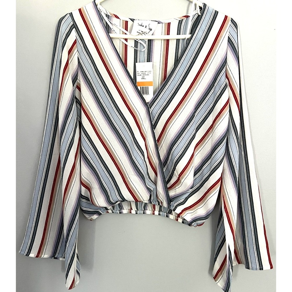 Sadie & Sage Top Womens Small Striped Wrap Crop Oversized Boho Sleeves Made USA